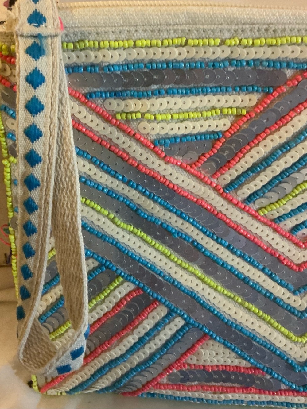 America & Beyond Beaded Multicolor Wristlet Clutch in Blue, Pink, Lime & Cream